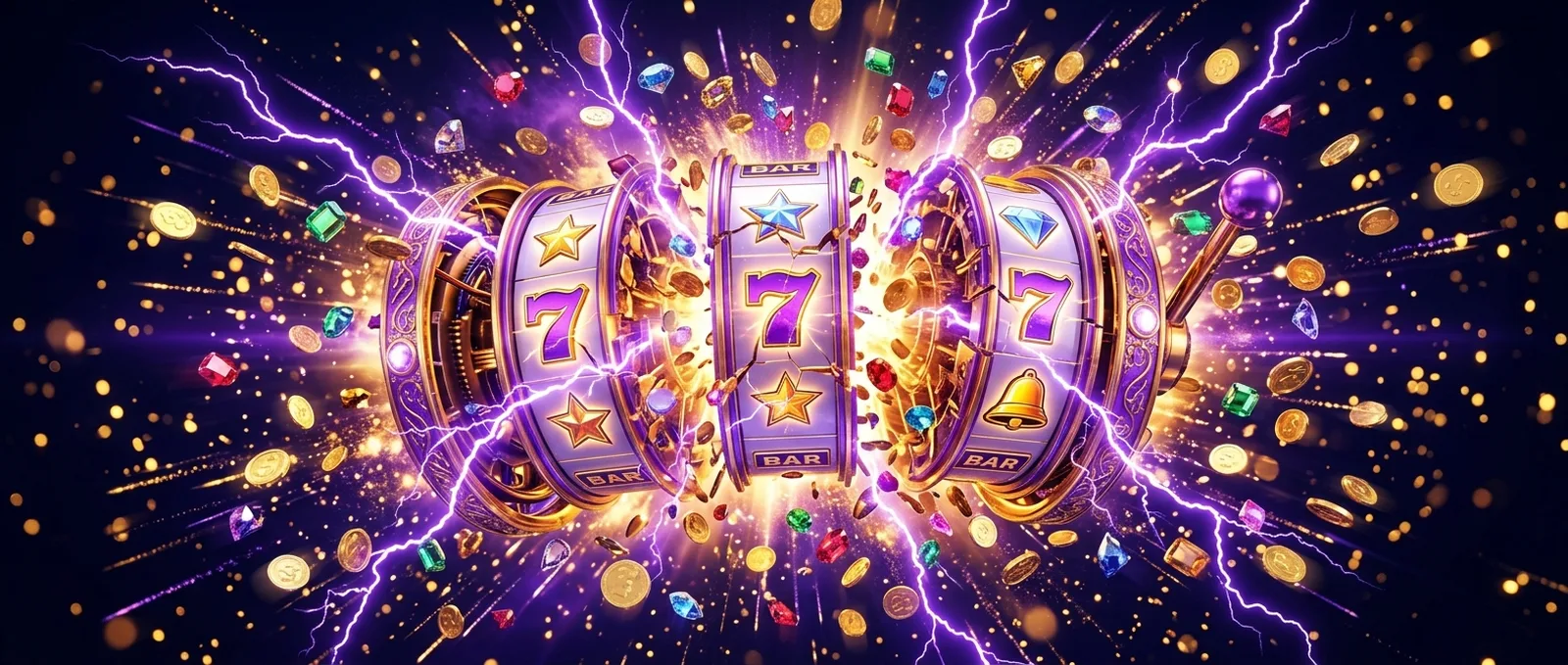 Kiwi's Treasure casino slot reels exploding with gold coins, gems and violet lightning